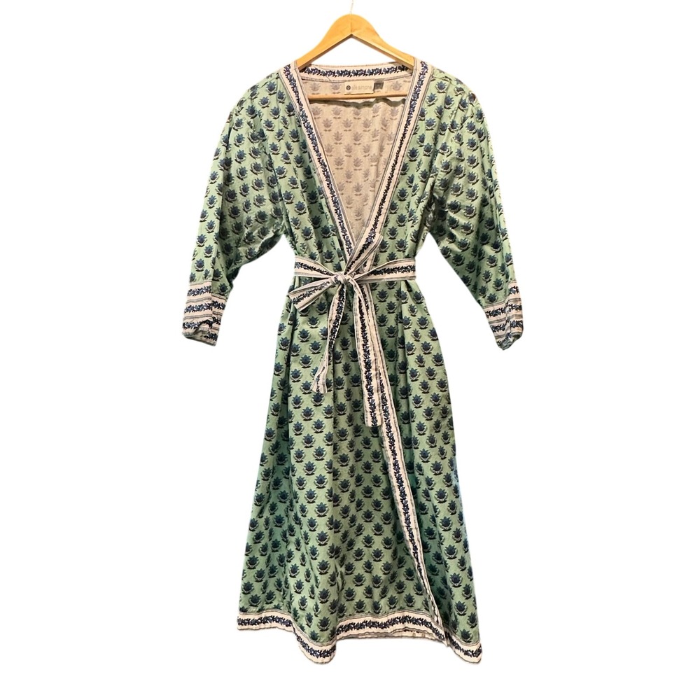 Ella Simone Womens XL Mint Green Blue Floral Cotton Wrap Robe Block Print XL